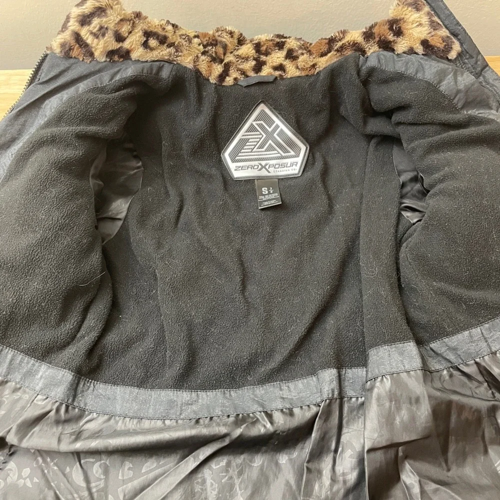 Zero Xposur Girls Black Puffer Jacket‎ Hooded Leopard Trim Coat - S